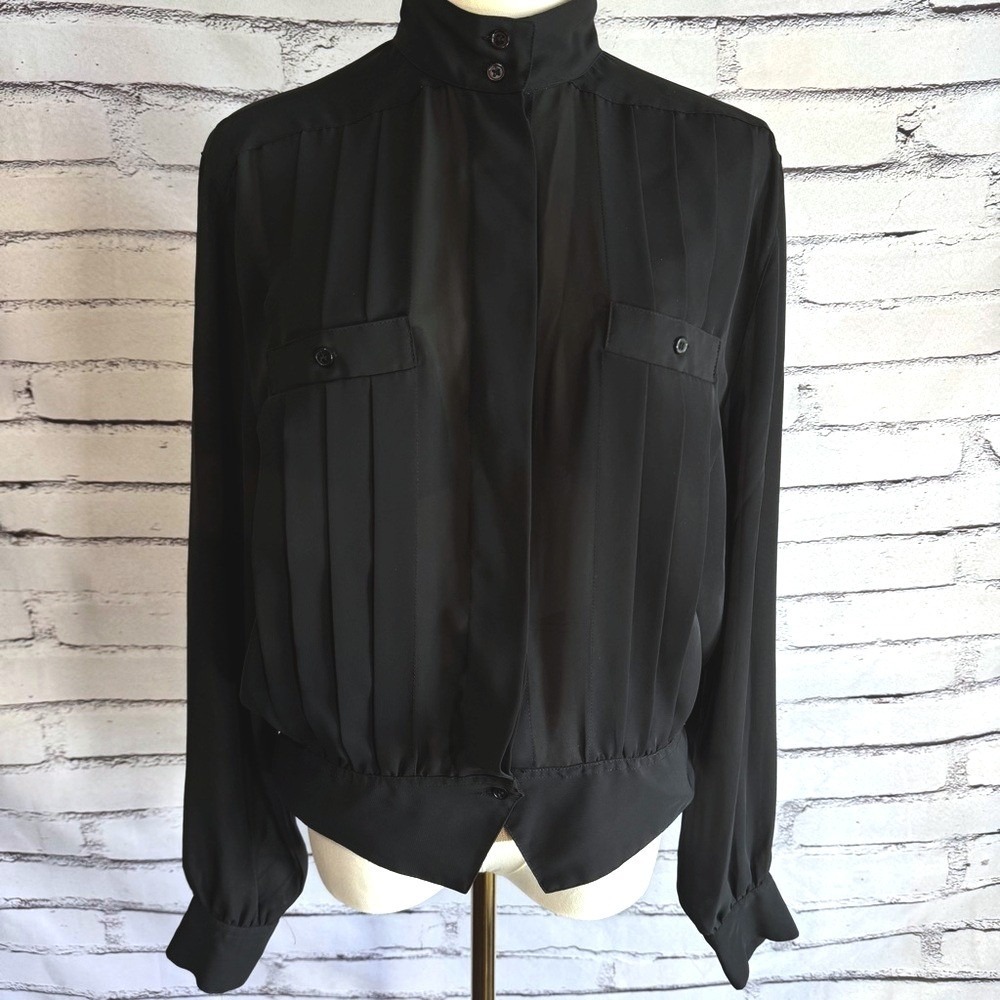 Neil Martin Vintage Black Mock Neck Pleated Blouson Blouse Size 14 Long Sleeve